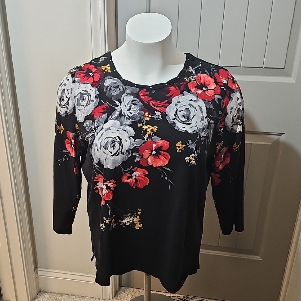 Alfred Dunner Black Floral Long Sleeve Top
